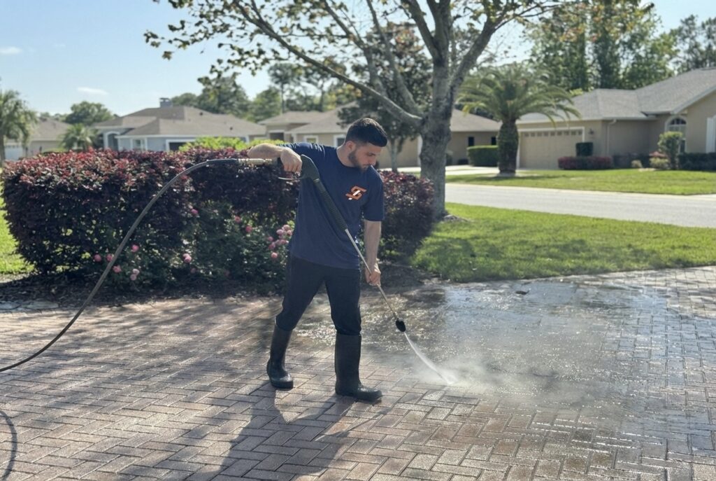 True Seal Paver Sealing worker cleaning pavers before sealing